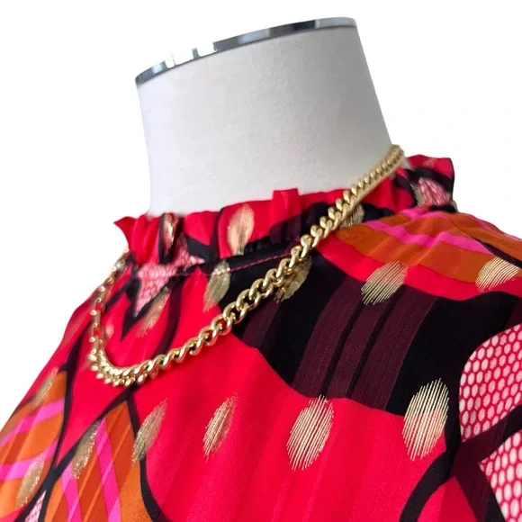 New JOIE Multicolored Ruffle Mandarin Collar Puff Sleeve Blouse Gold Accent Sz M - Picture 3 of 12